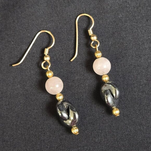 Rose Quartz & Hematite Beaded Earrings Gold Tone Dangle Natural Stone 2" Long - Picture 3 of 6